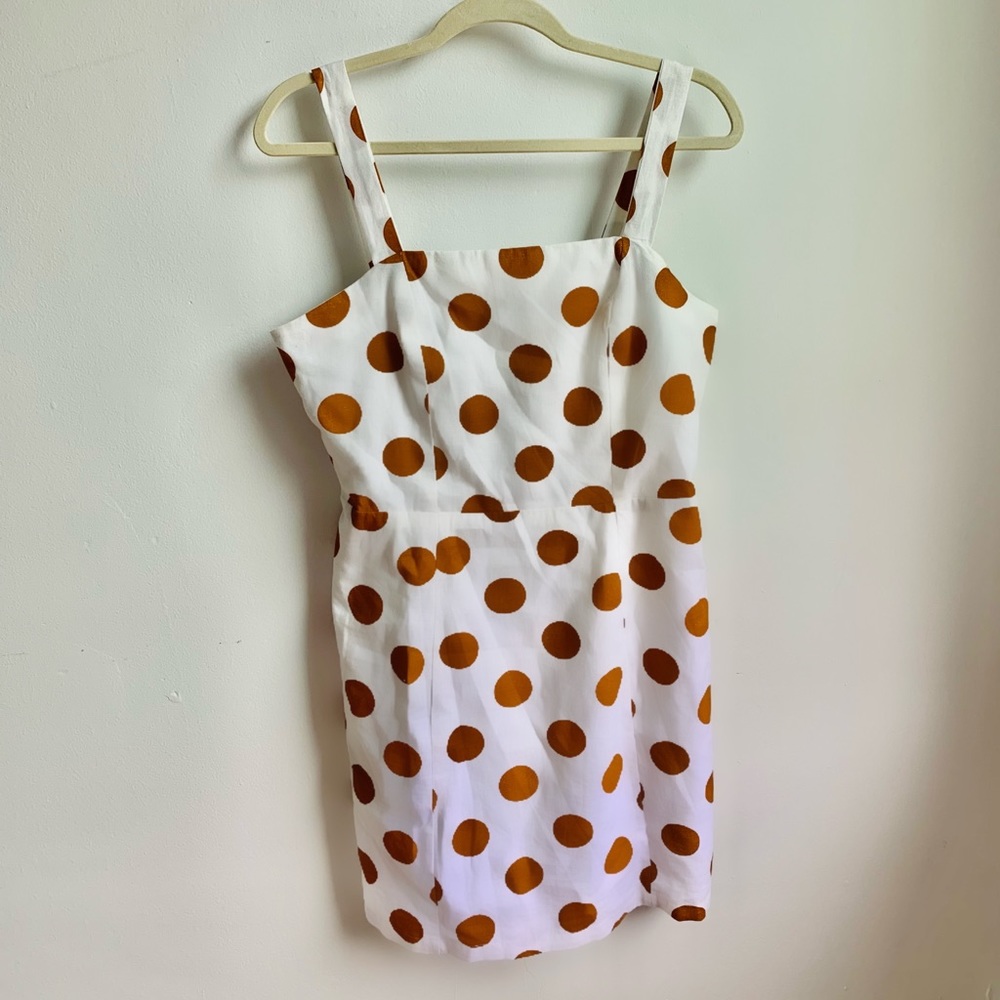 White & Camel Polka Dot Square Neck Mini Dress - 8